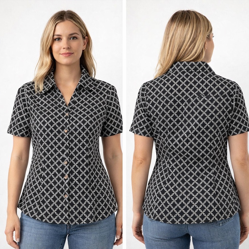 White House Black Market Women’s Geometric Button-Down Blouse – Size 8